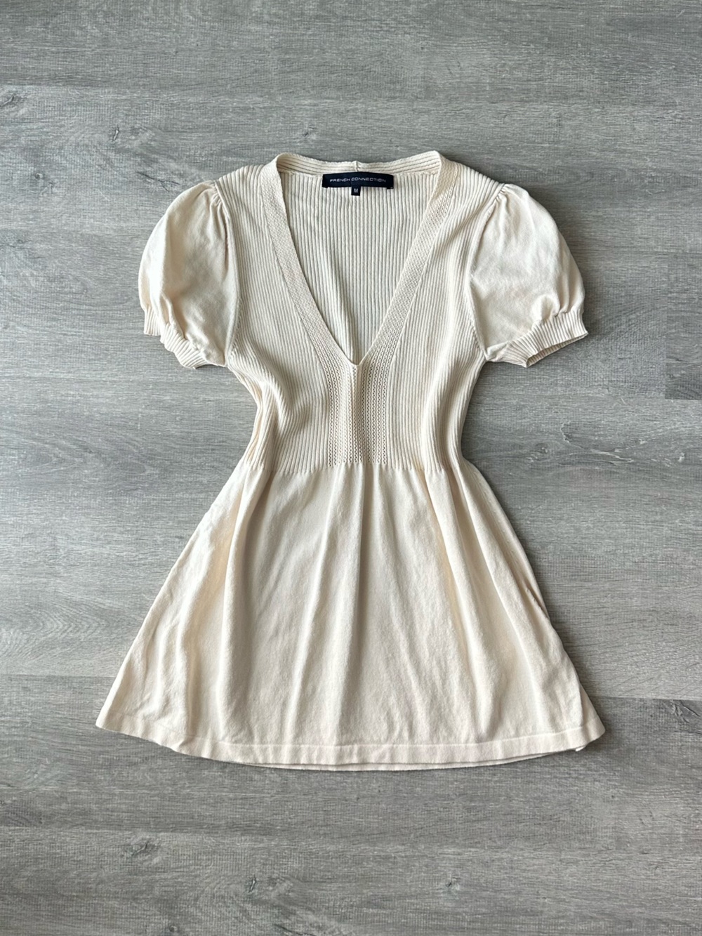 Vintage 90s French Connection Cream V-Neck Puff Sleeve Babydoll Knit Top